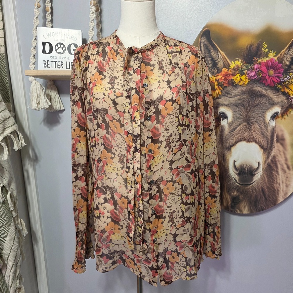 Polo Ralph Lauren Neck Tie Floral Crepe Blouse Womens 8 Semi Sheer Fall Top